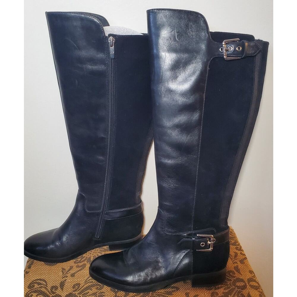 Marc Fisher Womens 6 Black Zip Buckle Damsel Leather High-Lo Shaft Tall Boots